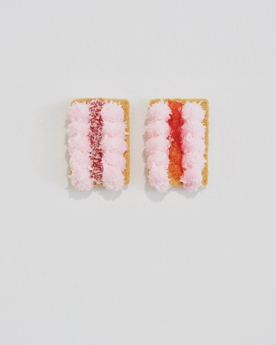 Karen Donellan, The World Would Be a Better Place if We All Ate More Pussy (for Brett and Rïse) or Síle na Gig (Diptych), Jacob’s Mikado biscuits, licked out and hot glued to the wall, 9x5x2cm, 2023