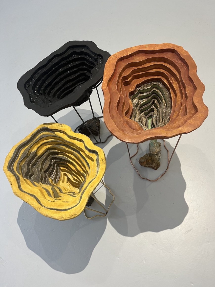 Underground Potential 2024
Jesmonite sculptures with copper, coal and lead elements. l52cm x w40cm x h36cm housed in a free-standing brass and copper rod metal plinth. 54cm x 42cmInspired by research into the colonial history of mining in Ireland and travelling to many disused mines. Green stains on cliff rocks signified the ‘Underground Potential’ of a future copper mine to British prospectors in the early 1800’s in Ireland.