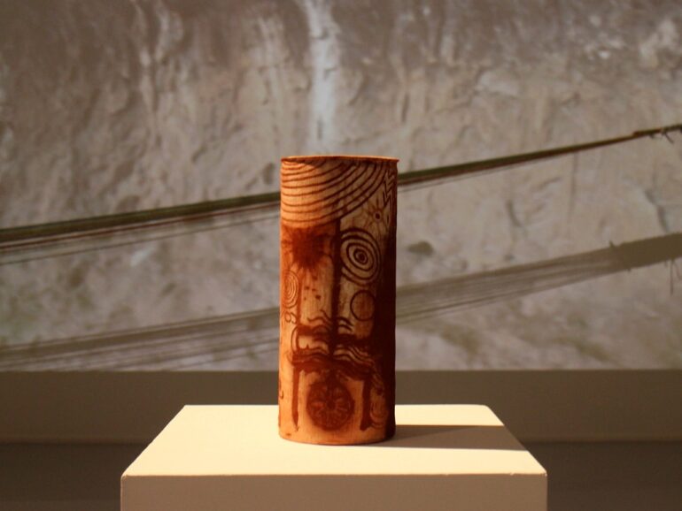 Marta Romani &amp; Karl Logge, Women's business, Antique linen &amp; Irish red ochre. Installation view, ‘Meitheal, or The Social Fabric’, LSC 2025 photo credit: Logge-Romani