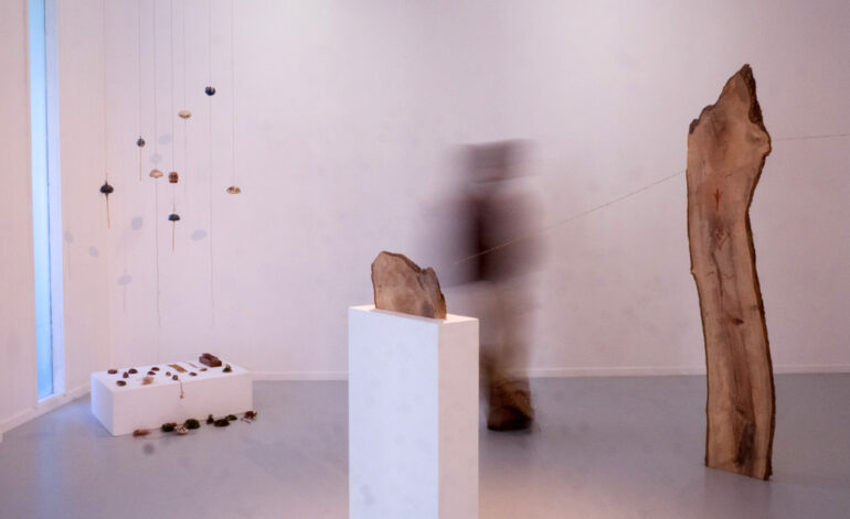 Marta Romani &amp; Karl Logge, Gentle collisions that turn &amp; The Needle and the Spindle, Clay, ochre, wool, flax &amp; Ash, nettel, bone.Installation view, LSC 2025 photo credit: Frank de Mol