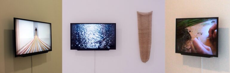 Marta Romani &amp; Karl Logge, Gentle collisions that turn &amp; The Needle and the Spindle, Clay, ochre, wool, flax &amp; Ash, nettel, bone.Installation view, LSC 2025 photo credit: Frank de Mol