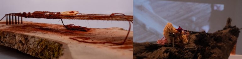 Marta Romani &amp; Karl Logge, Canoa e Lune &amp; Bog-Loom I, Ash, Irish flax, silk, nails, ochre, shells, bog oak, organic dyed wool. Installation view, LSC 2025, photo credit: Frank de Mol