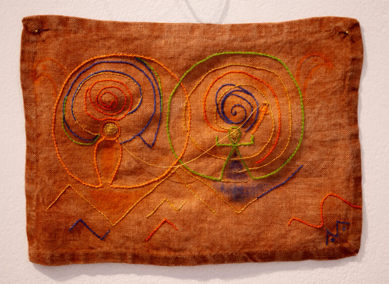 Marta Romani &amp; Karl Logge, Cailleach and Tanit: light exchange, silk, gold filigree, linen, ochre. LSC 2025, photo credit: Frank de Mol