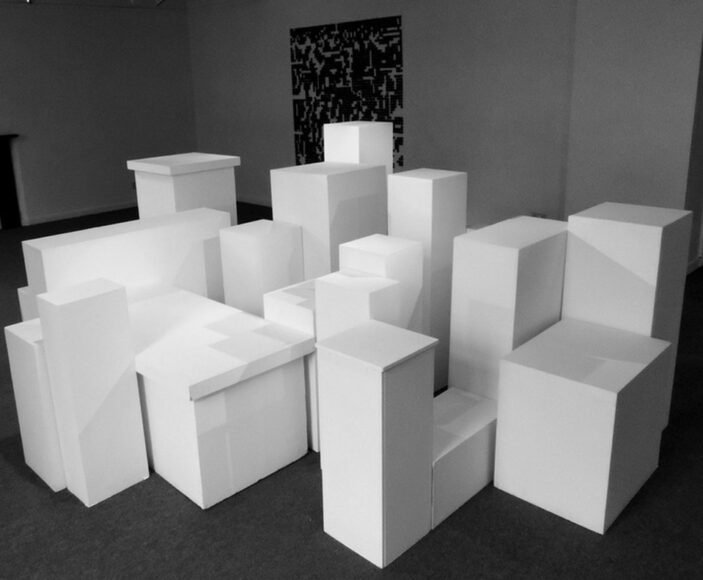 Sarah Lundy, Habitat [Compulsion Toward tThe Collective], blanched cityscape plinth formation, 2013.