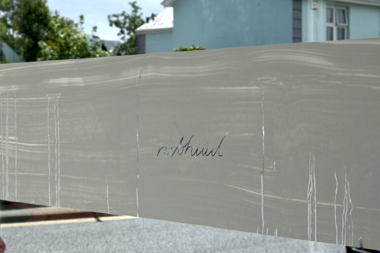 Blaine O'Donnell, nithiúil, 2025
Limestone dust from stone carving workshop at Leitrim Sculpture Centre, window glass. (photo: Blaine O'Donnell, 2025)
