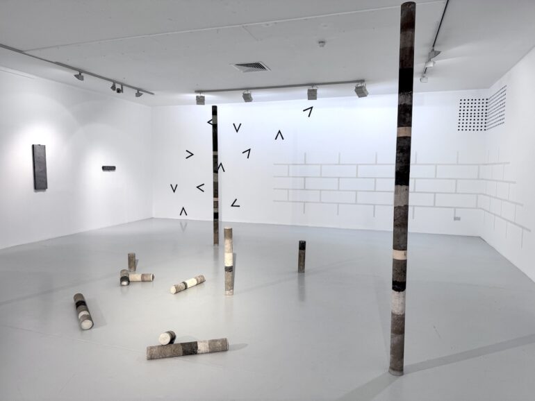 Bernie Colhoun, Earth Cores, cement, sand, limestone/sandstone/quartz aggregates, hydraulic lime, Indian ink, dim variable, 2025