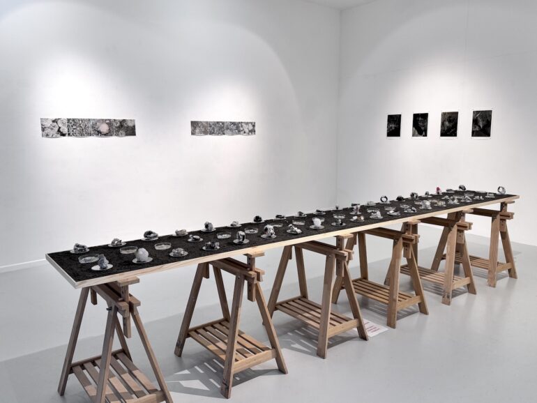 Bernie Colhoun, Timeline, crystallised watches, petri dishes, sand, pine board, 410 x 62 x 83cm 2025