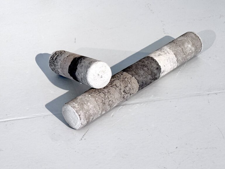 Bernie Colhoun, Earth Cores, cement, sand, limestone/sandstone/quartz aggregates, hydraulic lime, Indian ink, dim variable, 2025