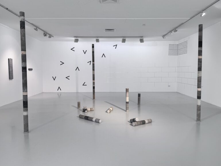 Bernie Colhoun, Earth Cores, cement, sand, limestone/sandstone/quartz aggregates, hydraulic lime, Indian ink, dim variable, 2025