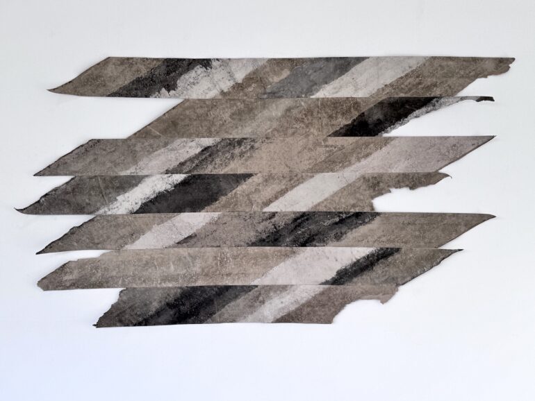 Bernie Colhoun, Tectonic, carpet roll card, cement, sand, hydraulic lime, Indian ink, 230 x 120cm, 2025