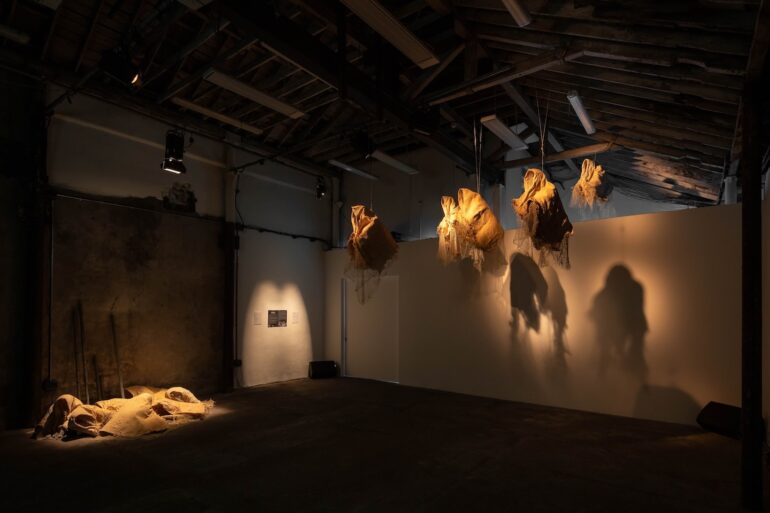 Bettina Seitz, exhibition view Underwave, The Complex, Dublin, 2024, 5 suspended sculptures and 7 floor based sculptures in Carnauba wax, cotton blankets, fishing net and buoys and single screen HD digital film projection of the sculptures filmed underwater in Sligo Inner Bay, total duration of 4 short films 5 min 36 sec, exhibition produced by the Centre for Creative Practices, ‘Underwave’ films originally commissioned by Tread Softly in 2020, supported by the Arts Council and Creative Ireland, photo by Kate-Bowe O’Brien.