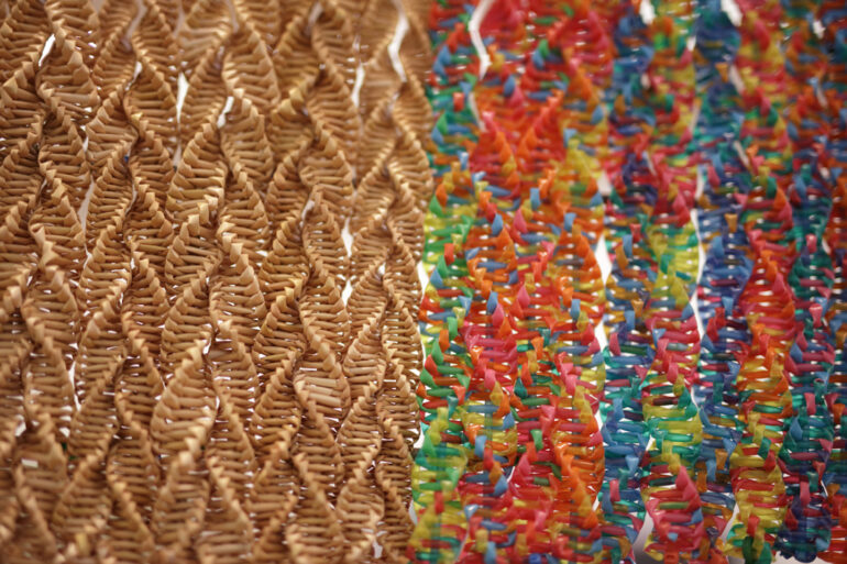 Marie McKinney, Production/Graph (detail), Semen straws, wheat straw, glue, cable ties, silk thread, steel frame, 2016