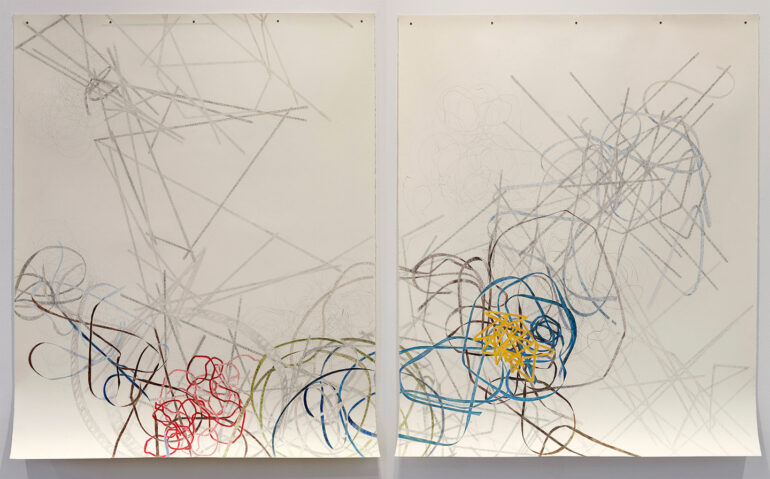 Felicity Clear, To Calculate the Unforeseen, 210cm x 345cm, 6 drawings projected over a wall drawing. In Solo Exhibition, Drawings Plans Projections, Butler Gallery, Kilkenny, 2014.