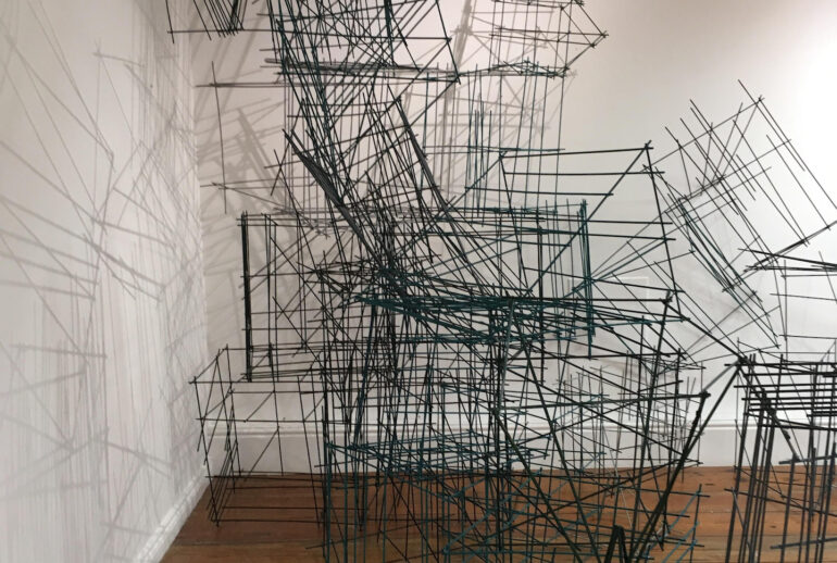 Felicity Clear, Drift, 2.5 x 3.5m Wood and Glue. Installation view Beyond Drawing, Curated by Arno Kramer, Ballina Arts Centre, 2020.