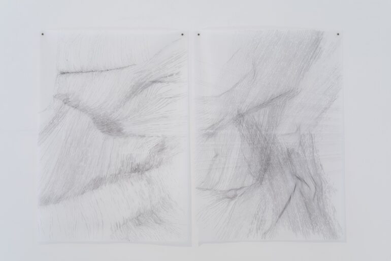 Felicity Clear, Atmosphere Manorhamilton 25th November, pen on tracing paper. photo: Eugene Lang, 2022