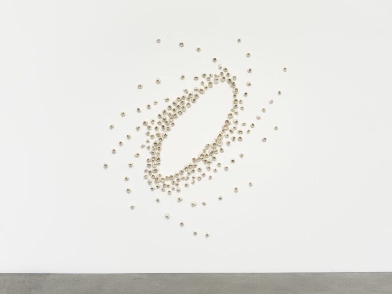 Kate Rusek, Fluid Wants A Spherical Return 2024 
Porcelain glaze site specific installation, 108x114x3inches.