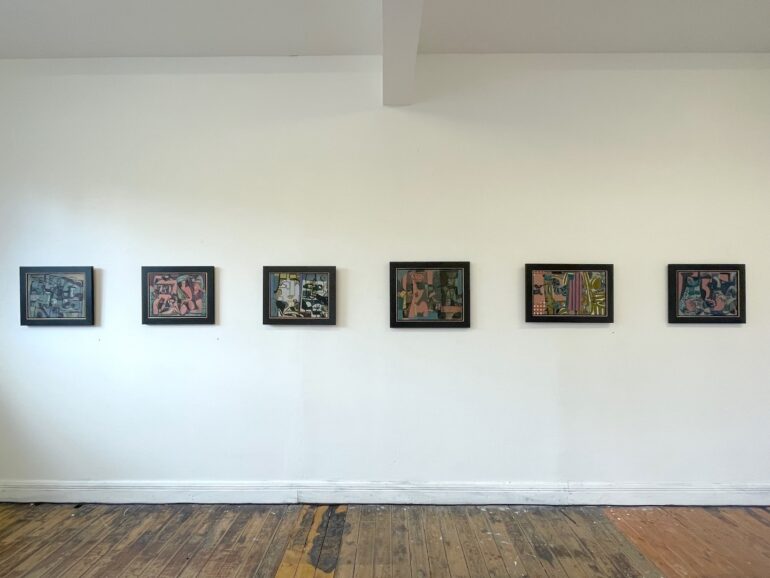 From left to right,One Track Grammar, oil on linen, 61x51cm framed, 2026.
Dippers, oil on linen, 61x51cm framed, 2026.
Masquerade, oil on linen, 61x51cm framed, 2026.
There’s The Rub, oil on canvas, 61x51cm framed, 2026.
No Picnic, oil on canvas, 71x51cm framed 2026.Dolphin Love, oil on canvas, 51x41cm framed, 2026.
