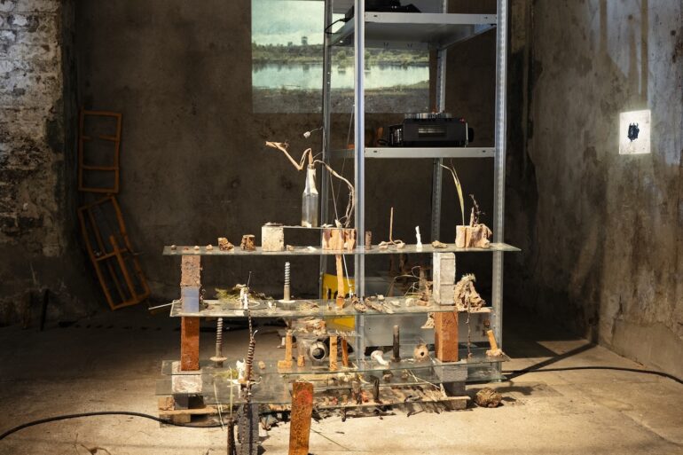 Aideen Farrell, Dredge, Sift, Sink. Shot of collections and slide projectors. Waystation, TU Dublin MA Degree Show at The Complex, Dublin. October 2024, photo: Susan Gogan