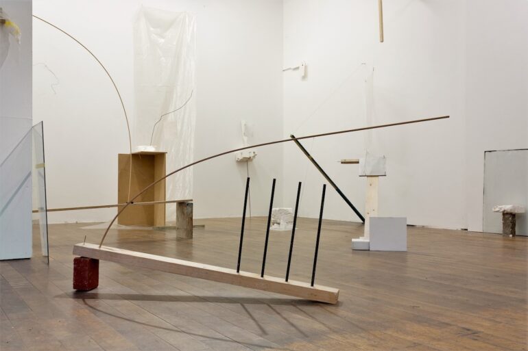 Aideen Farrell, A Weight of Windows installation shot. Pallas Projects/Studios, Dublin, as part of their Artist-Initiated Projects- April 2019. Plaster casts, wood, metal, glass and plastic sheeting, drawing and a looped projected video piece of myself building an installation. Photo: Vera Ryklova.